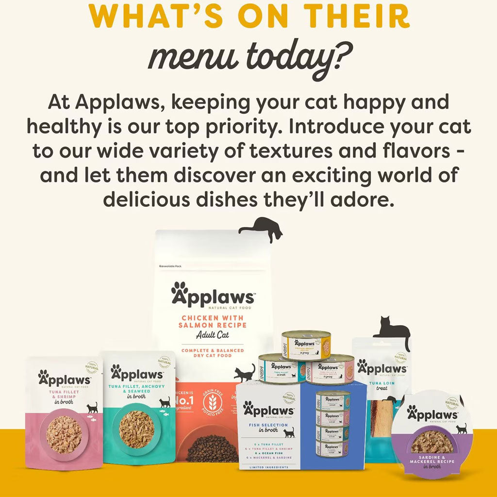 Promotional image of Applaws cat food products with text about keeping cats happy and healthy.