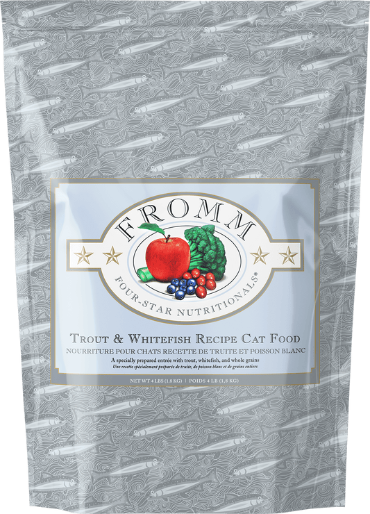 Package of Fromm Four-Star Nutritional Trout & Whitefish Recipe cat food with a gray background