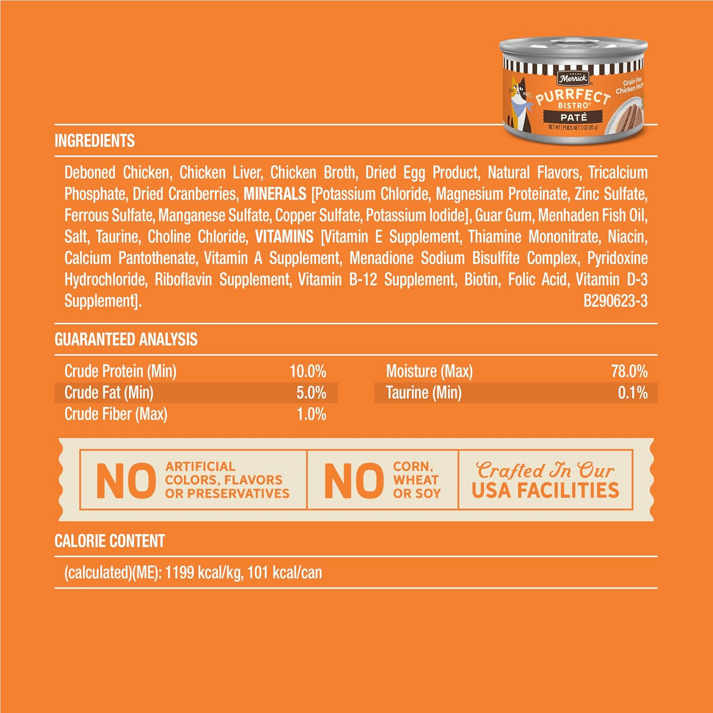 Merrick Purrfect Bistro Grain Free Premium Soft Canned Pate Adult Wet Cat Food High Protein Chicken Recipe - 3-oz, case