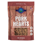 Package of freeze-dried pork hearts for dogs and cats with a wooden design.