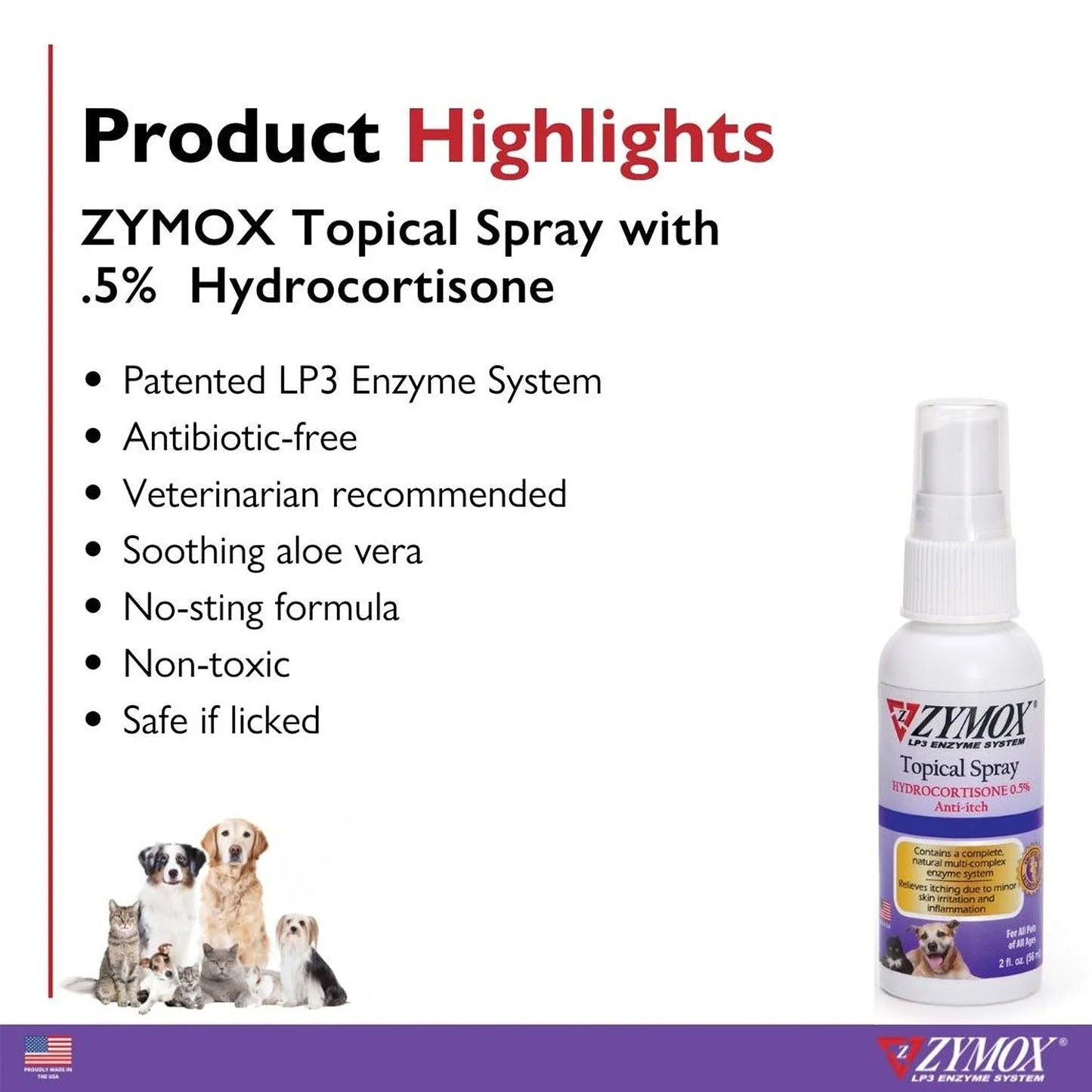 Zymox Enzymatic Itch Relief Hydrocortisone Spray for Dogs & Cats - Product Highlights